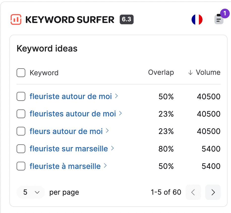 Suggestion de mots-clés par l'extension Chrome Keyword Surfer