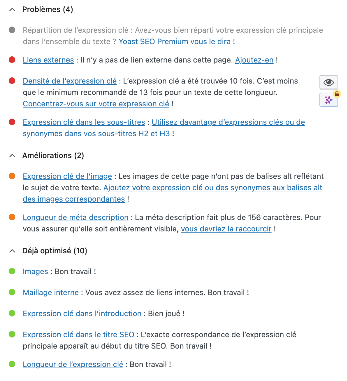 Exemples d'axes d'améliorations proposés par Yoast SEO.