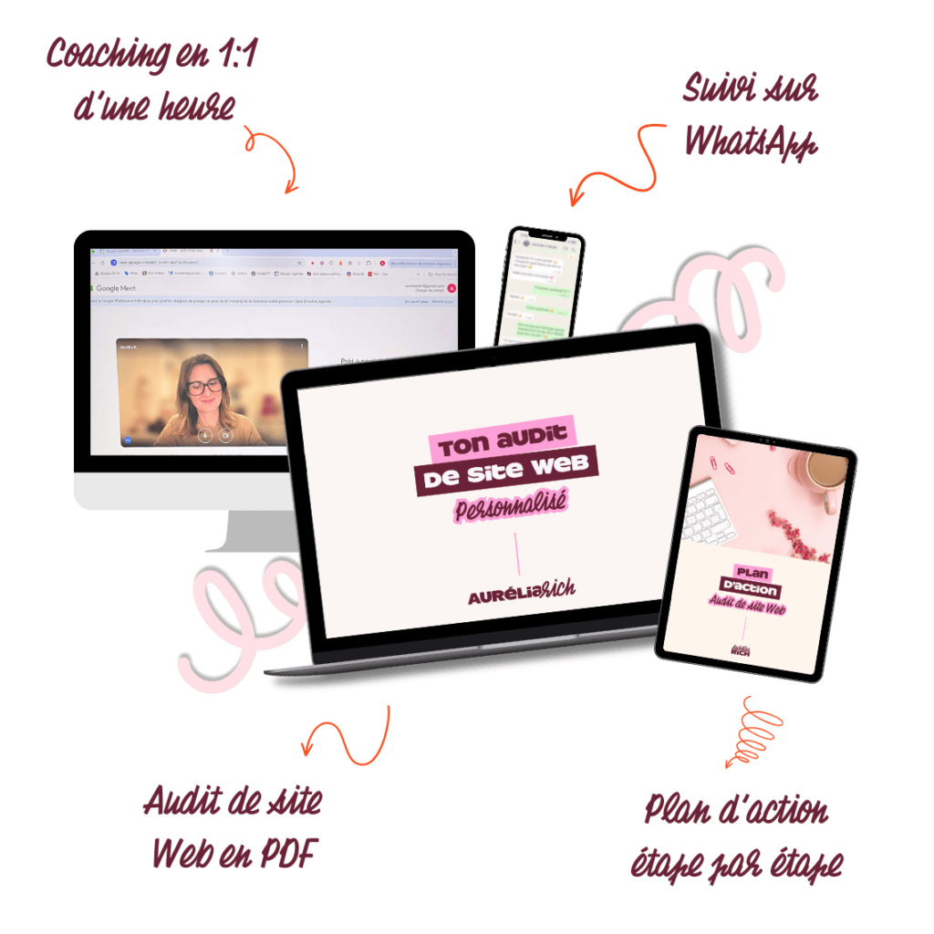 Image avec les services inclus dans l'audit de site Web : audit PDF, plan d'action, suivi sur WhatsApp et coaching individuel d'une heure.