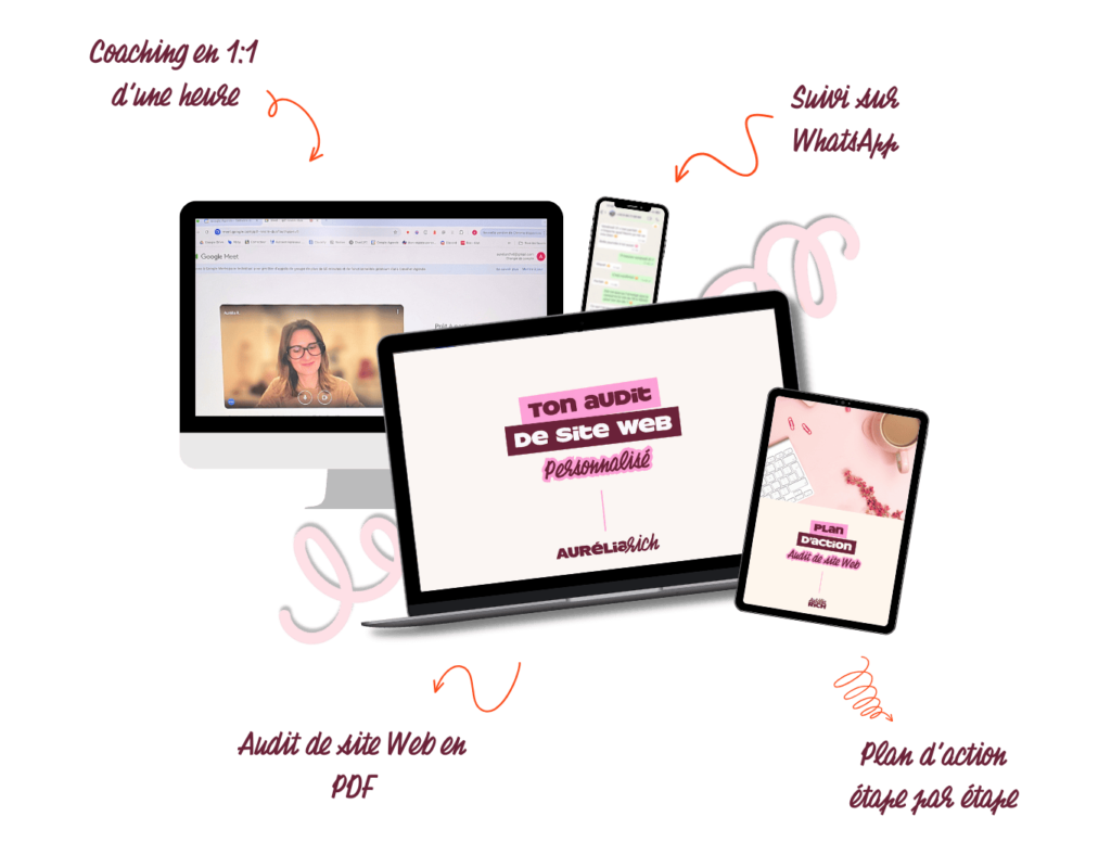 Image avec les services inclus dans l'audit de site Web : audit PDF, plan d'action, suivi sur WhatsApp et coaching individuel d'une heure.