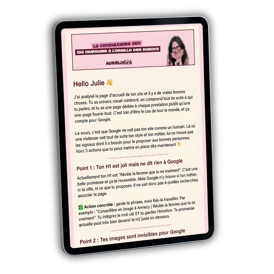Exemple de diagnostic SEO offert reçu par mail sur un iPad.